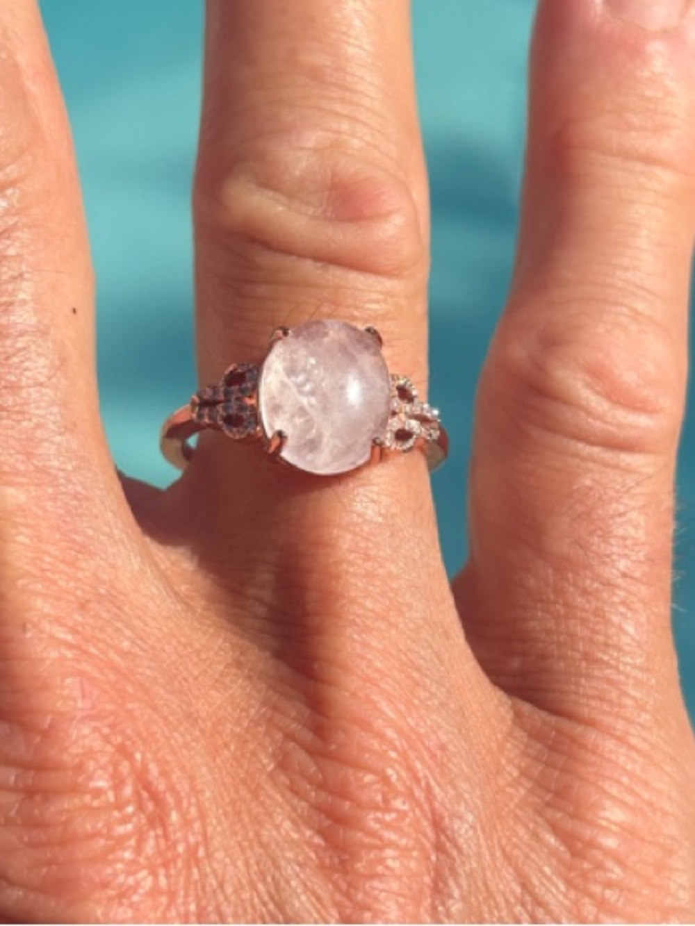 Park Lane “Quartzy” Pale Pink Rose Quartz Solitaire Ring in Rose Gold